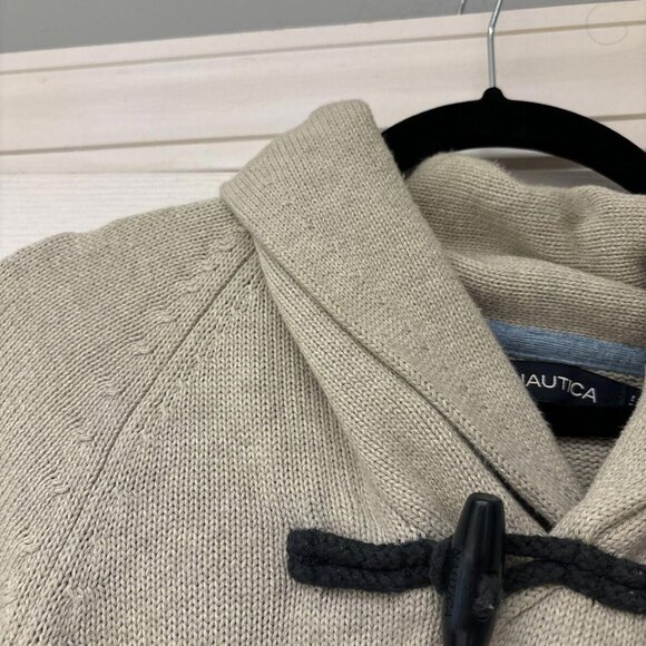 Nautica Men's L Shawl Collar Raglan Sleeve Sweater, Tan w/ Black Print, EUC - Picture 5 of 10